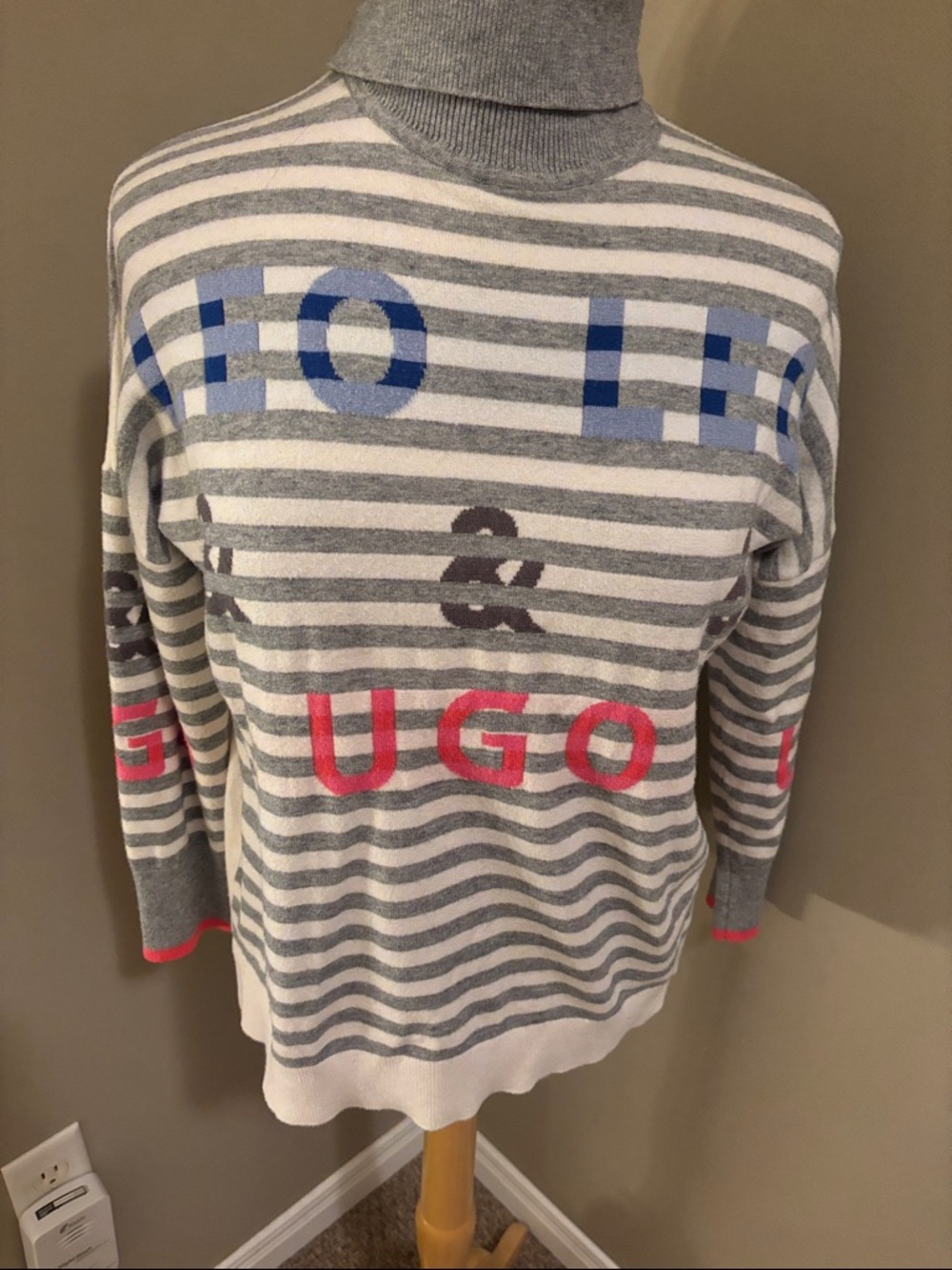 Leo and Ugo Striped Grey & White Sweater with Blue and Red Lettering